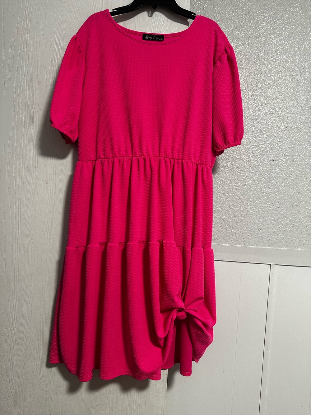 Hot Pink Tiered Puff-Sleeve Dress 2X